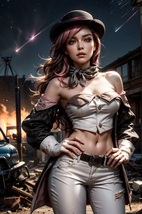 pink and brown hair, multicolored hair, neopolitanatlas, bowler hat, grey scarf, white gloves, white shirt, off-shoulder shirt, black sleeves, midriff, white belt, white pants, outdoors, post apocalyptic scene, future urban, building debris, bonfire, wreck...