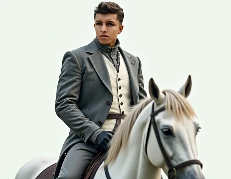 creates an image of a renaissance knight with the same character reference face wearing a gray suit jacket with white vest and shirt and gray pants and black gloves and should be mounted on a white horse