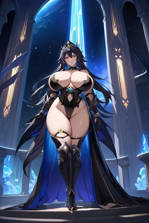 photon, space fantasy, ominous, arrangement costume, costumes designed to show off, evil empress, evil fallen costume,(leg armor),arm armor, topaz (honkai: star rail), highleg  costume, (high legs with sharp angles),open-chested costume,1girl, alone, adapt...