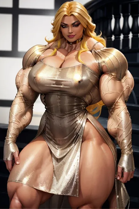 ((Close-up)), tall, (yellow hair) beautiful muscular Latino woman, long hair, brown skinned, closed smile, (black lipstick), (massive muscles), (hyper muscle), (ginormous bulky muscles), gray eyes, (((((beautiful long sleeve metallic dress))))), (fingerles...