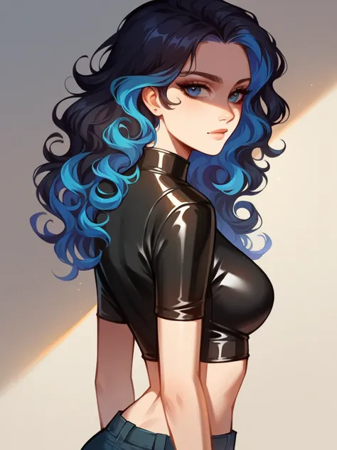 score_9, score_8_up, score_7_up, score_6_up,   4rc4n3, 1girl, long curly hair, black hair with blue highlights, with bangs, beautiful body, crop top and leather pants, arcane, amazing quality, dark lighting 