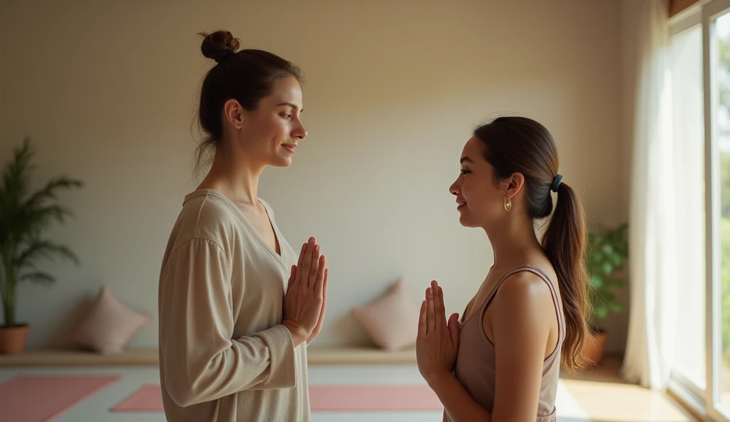 "A normal close-up of a 35-year-old yoga teacher and a 20-year-old girl standing and facing each other in a softly lit room with neutral walls."
