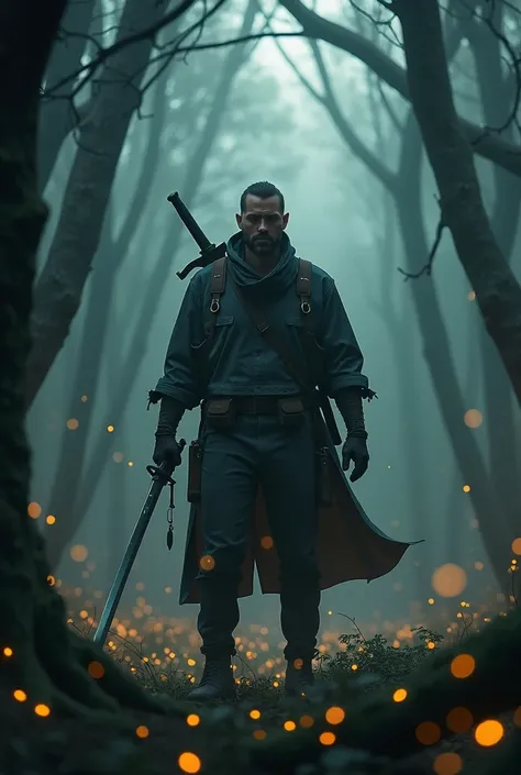  , Background of a dark forest with a man standing with a gun and a sword with fireflies I want a title Unstoppable Reality Knows No Limits is the title 