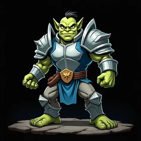 anime a quirky short round green skin mature male four eyed orc with rough skin with no hair  wearing  a blue and white medieval military armor over a power ranger green jumpsuit doing a battle justice pose , black background, epic anime style