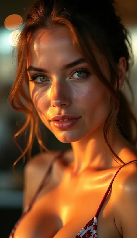 Close-up portrait of a semi-nude sexy woman with large breasts with striking green eyes, face partially lit by golden hour sunlight, freckles and soft skin texture, Canon EOS R5, 85mm lens, ultra-realistic lighting, shallow depth of field, fine details in ...