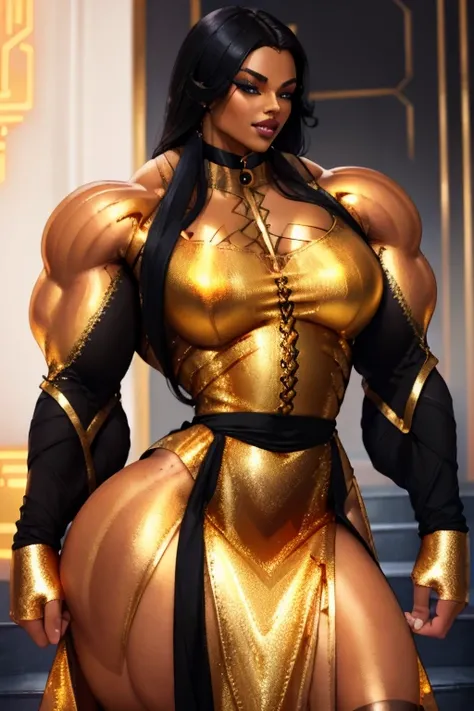 ((Close-up)), tall, (black hair) beautiful muscular woman, long hair, brown skinned, closed smile, (black lipstick), (massive muscles), (hyper muscle), (ginormous bulky muscles), orange eyes, (((((beautiful long sleeve metallic dress))))), (fingerless glov...