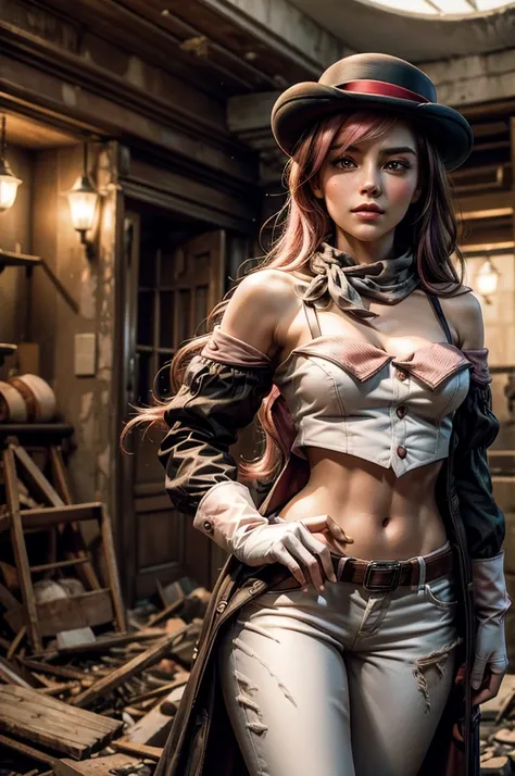 pink and brown hair, multicolored hair, neopolitanatlas, bowler hat, grey scarf, white gloves, white shirt, off-shoulder shirt, black sleeves, midriff, white belt, white pants, post apocalyptic scene, inside old building, debris, bonfire, standing near sol...