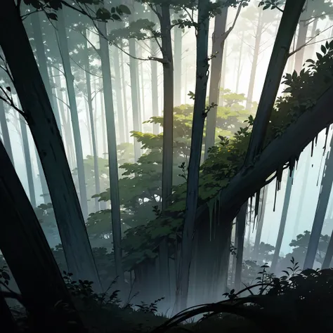 Background de uma floresta negra, a dense, dark forest with mists.

Background.

 masterpiece ,  tall details.