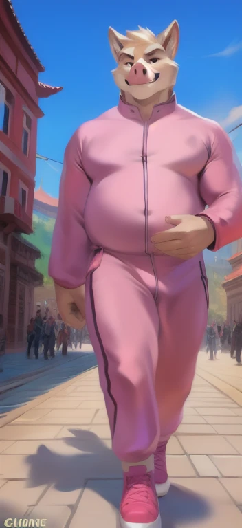 Solo, Ninja Warrior,female Tall​, standing, street,Kung Fu Masterpiece,Pig ,pink military spacesuit, overweight, big muscular, smirking, by chunie