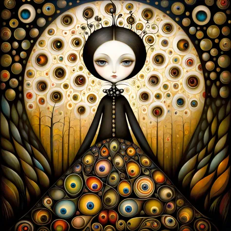 Patchwork by Klimt, Nicoletta Ceccoli, Naoto Hattori, Lawrence Didier, Leonora Carrington of European A modern abstract painting of a female figure with large, round eyes, a slender neck, and a black dress with a white ruffled collar. Her hair is styled in...