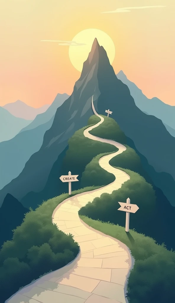  A sinuous path that leads to the top of a mountain with signs that say: "Create ", "trust", "Act ". On the horizon,  a rising sun symbolizing infinite possibilities . Minimalist and clean style .