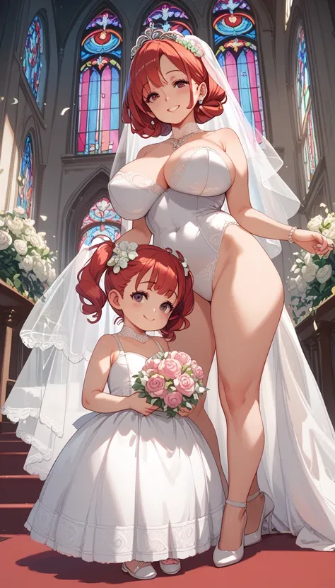 small toddler loli, short white hair with ponytails,  wedding dress.  mature woman,  long red hair ,  huge breasts ,  wedding dress. Mother and daughter, standing in church, smile