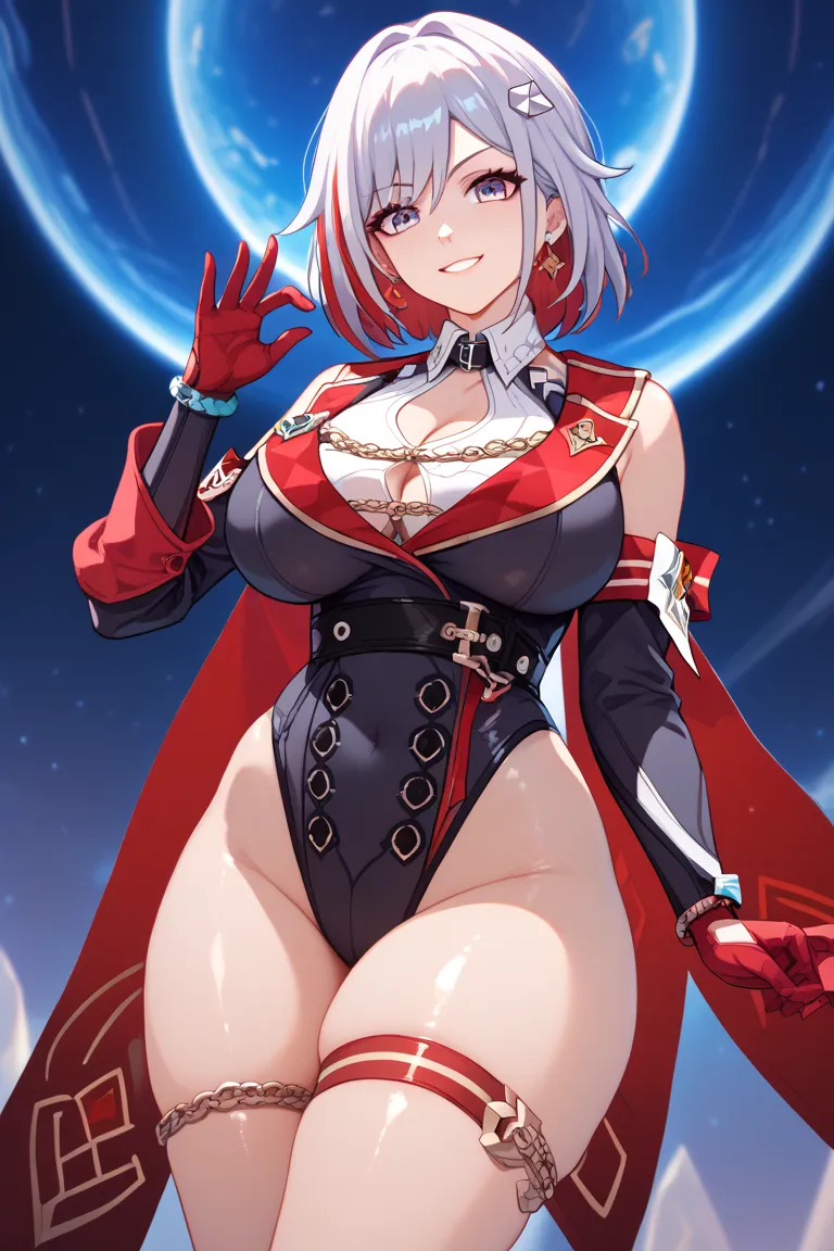 photon, space fantasy, ominous, arrangement costume, costumes designed to show off, evil empress, evil fallen costume,(leg armor),arm armor, topaz (honkai: star rail), highleg  costume, (high legs with sharp angles),open-chested costume,1girl, alone, adapt...