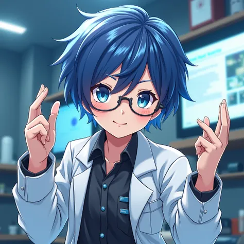  Generate an anime image of a teenage boy with short hair, fringe, My hair color is blue and has clothes like a scientist  