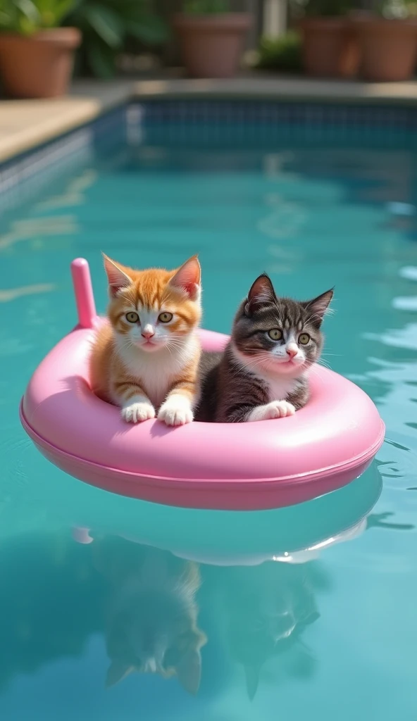 At the pool、 big pink vinyl boat is floating 。 there are 5 real kittens riding inside
brown kitten　White squishy kitten 　 gray and white fluffy kitten 　Black Cat　Three-haired cat　 real kittens that all have big eyes and cute faces 　 relaxing on the boat 