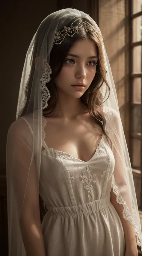 A beautiful woman in a Jewish village, beautiful detailed eyes, beautiful detailed lips, extremely detailed eyes and face, long eyelashes, wears a linen embroidered veil on her head symbolizing purity and chastity, best quality, 4k, 8k, high resolution, ma...