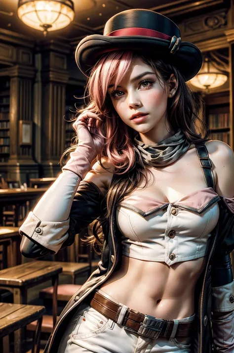 pink and brown hair, multicolored hair, neopolitanatlas, bowler hat, grey scarf, white gloves, white shirt, off-shoulder shirt, black sleeves, midriff, white belt, white pants, post apocalyptic scene, inside old library, debris, bonfire, standing near sold...