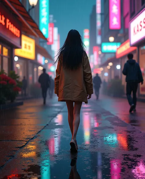 In a surreal world, where everything is colored, a beautiful girl with big black eyes walks in the city, it is raining and the puddles reflect the light of the streetlights.

