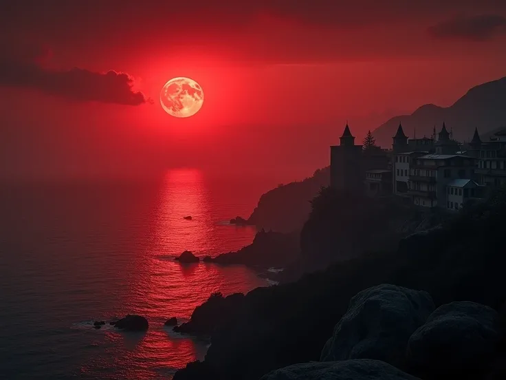 A sweeping panoramic view of a hidden coastal town bathed in the glow of a luminous full moon. The town, cloaked in shades of black and white, contrasts starkly with the blood-red sky. The darkened shores are calm but heavy with an eerie silence, setting t...