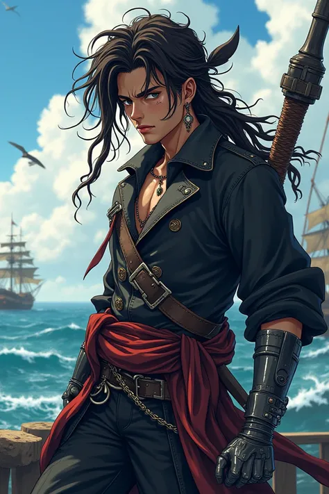 Anime pirate with dreadlocks with a left prosthetic metal arm 