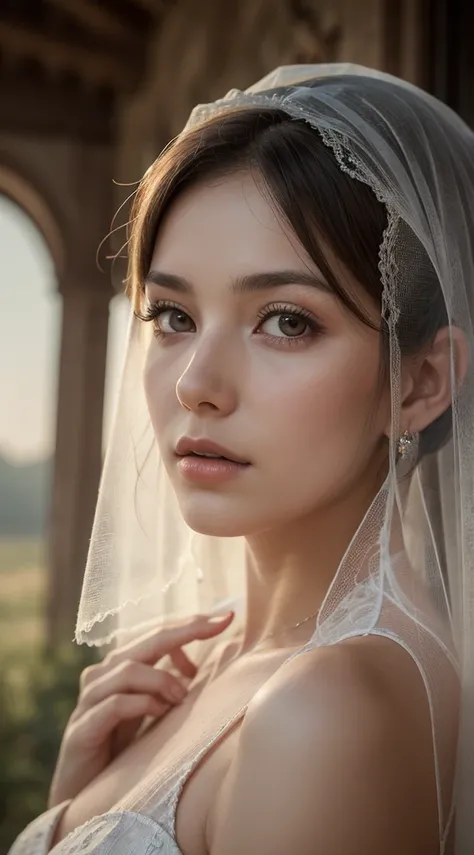 A beautiful woman in a Jewish village, beautiful detailed eyes, beautiful detailed lips, extremely detailed eyes and face, long eyelashes, wears a linen embroidered veil on her head symbolizing purity and chastity, best quality, 4k, 8k, high resolution, ma...