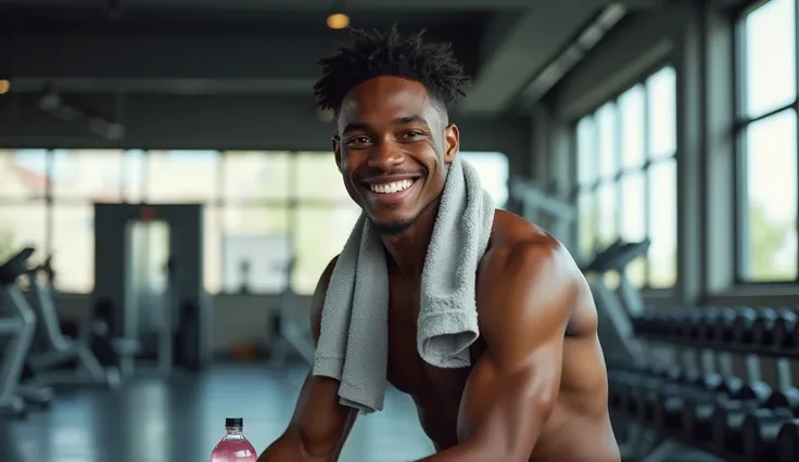 "A young man, approximately 25 years old, with medium-dark skin, short black curly hair, and dark brown eyes, sitting on a gym bench, holding a water bottle. He smiles widely, his towel draped over his shoulders, as sweat glistens on his face. The gym in t...