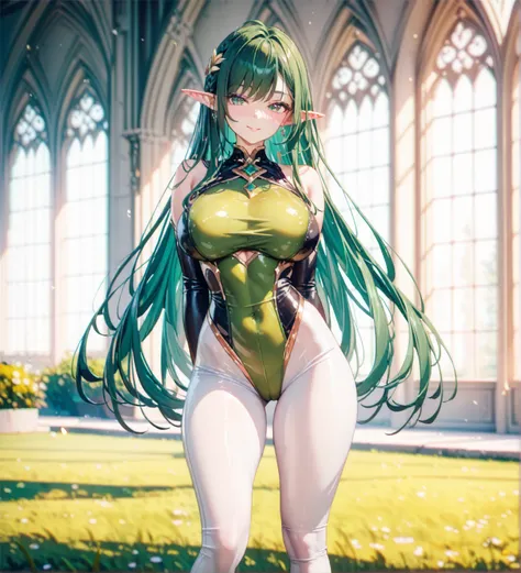 sunny grassy yard next to a fantasy castle like college background, Elf Woman, standing, Emerald colored eyes, Hot, tall, attractive body, 8k, sexy body, seductive smile, arms behind back, even waist, long shiny dark green hair, very large breasts, thick t...