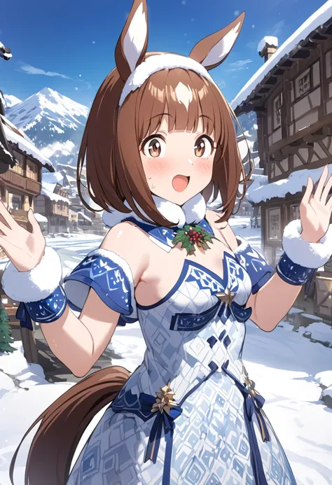  best quality、One girl、Round face shape、細身の体、 small breasts、 horse ears and tail 、 short bob、Shiny reddish brown hair、Brown eyes、white and blue snow pattern costume、 Surprised Face 、Open both hands and raise、Village with a snowy landscape 
