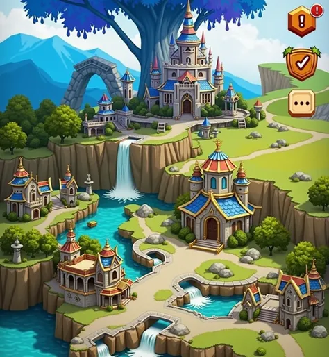 a screenshot of a castle with a waterfall and a river, medieval fantasy city, mobile game background, city background, fantasy world concept, game map, fantasy city, rpg background, shadowverse style, light kingdom backdrop, downtown background, elf city, ...