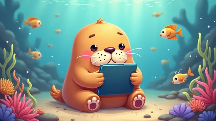 cute illustration of a walrus operating a tablet