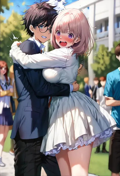 ((   best quality)), (( Masterpiece)), (    Details), (  1 anime girl and guy ),     sexy,   9 with dark hair and big breasts ０Female college student in CM  ,     short hair ,    young woman,   female college student with round glasses  , ((( woman standin...