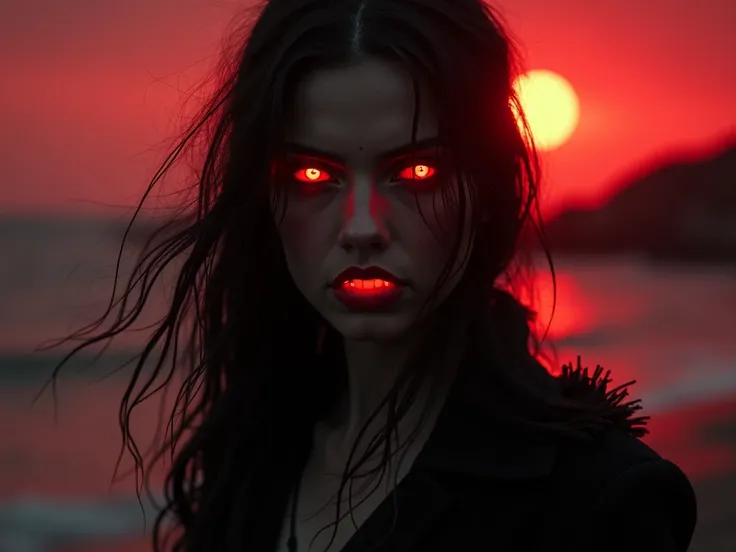 A close-up of the lead vampiress reveals her fierce expression. Her glowing eyes and sharp fangs gleam menacingly in the moonlight. Her courage is palpable as she stands ready to protect the town, her form a beacon of hope against the shadowy backdrop. A n...