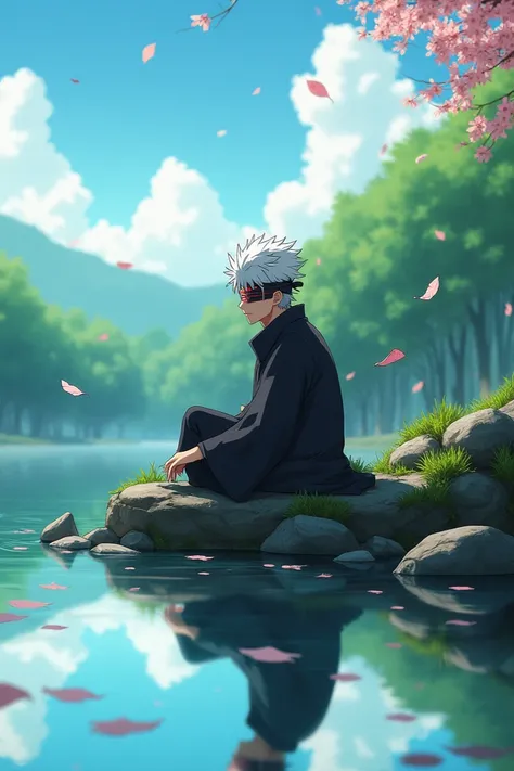 Place the character Satoro Gojo from Jujutsu Kaisen reflecting in a place with a landscape that reflects peace