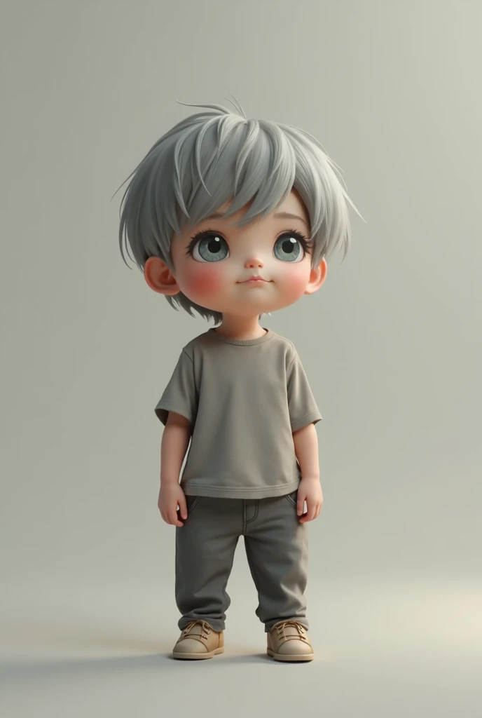 Boy with pale skin, round face, gray shirt, gray hair and gray pants