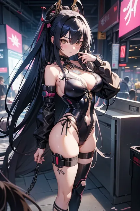 anime girl with long hair and a chain around her neck, inspired by Masamune Shirow, style of masamune shirow, by Masamune Shirow, by shirow masamune, intricate ornate anime cgi style, anime cyberpunk art, cyberpunk anime art, tsutomu nihei art, beautiful f...