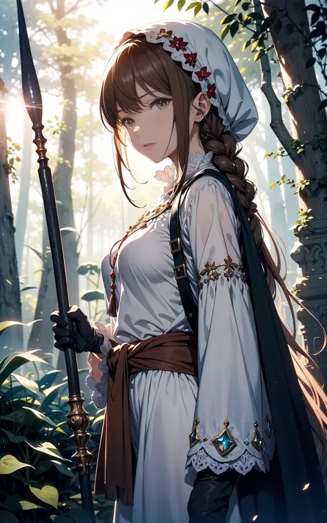 A stunning HD (High Definition) illustration of a brown-haired mage anime girl with long hair, with a braid on one side. She has brown eyes and wears a blue mages veil on her head. She is dressed in a long-sleeve white medieval-style shirt, brown pants, an...