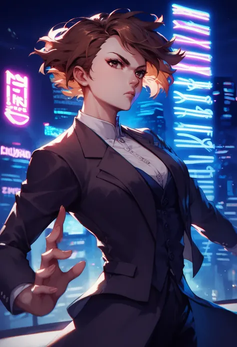 score_9,score_8_up,score_7_up,score_6_up, source_anime, zPDXL, woman, dynamic pose, short hair, brown hair, brown eyes, suit, serious, leaning back, modern city, neon lights, dim lighting, night time, reflections, skyscraper,