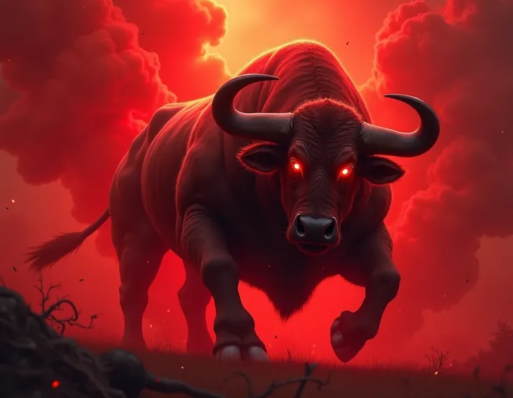 bull with warm colors and red eyes against a background full of red smoke vectors