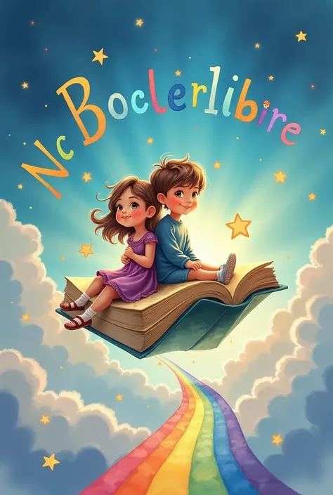   girl and  boy sitting on a flying book,  Rainbow path with stars ,  colorful letters and numbers that float in the sky , watercolor way 