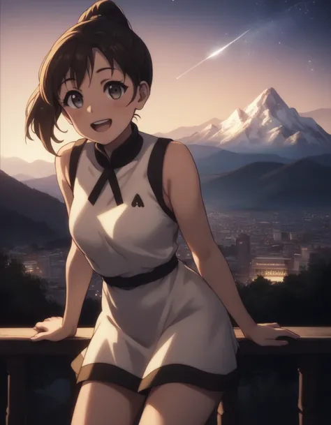 score_9, score_8_up, score_7_up, gsfghtr, mini dress, cinematic Lighting, 1girl,solo,looking at viewer,blush,smile, open mouth,top of mountain, city view, sunrise, shooting stars, (((bright light from front)))