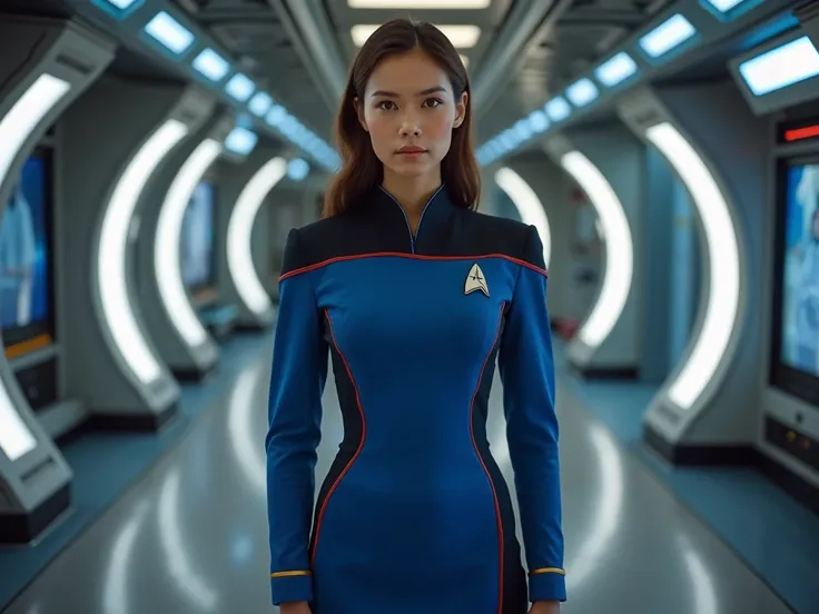 Sexy female star trek officer on a starship, hourglass figure, blue classic skirt uniform, full body view, natural pose