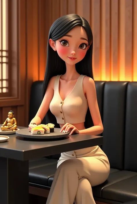 Woman 30 years, long straight black hair, wearing creme short sleeveless buttoned vest and creme long loose trousers with white sneakers. At Sushi restaurant with wood slat paneling in walls, black rectangular tables, sitting on black leather upholstered b...