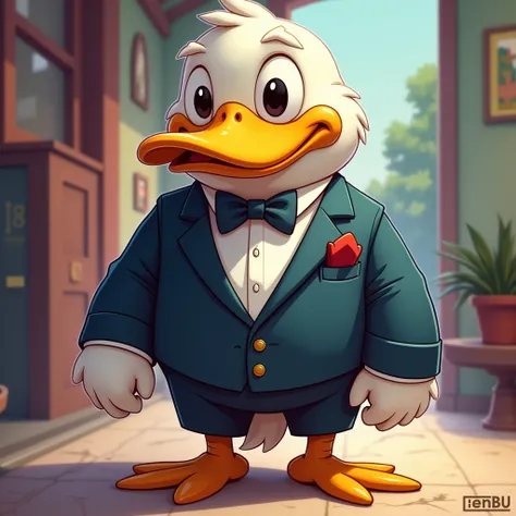 beastman duck in a suit from the game Among us, in cartoon style
