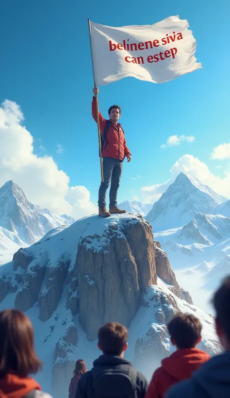  A young man reaching the top of a mountain while others watch from below, doubting.  bright blue sky , and a flag that says : " Believing is the first step ".