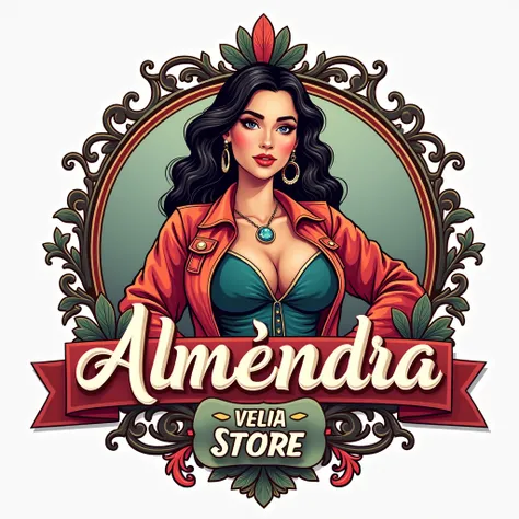  Create a Logo written in Spanish  , customized womens clothing for sale , That says ALMENDRA STORE  ,  on top of each other ,  ornaments and accessories womens clothing , atras del logo una modelo chubby, with a lot of clothing  , chubby , dressed in fash...