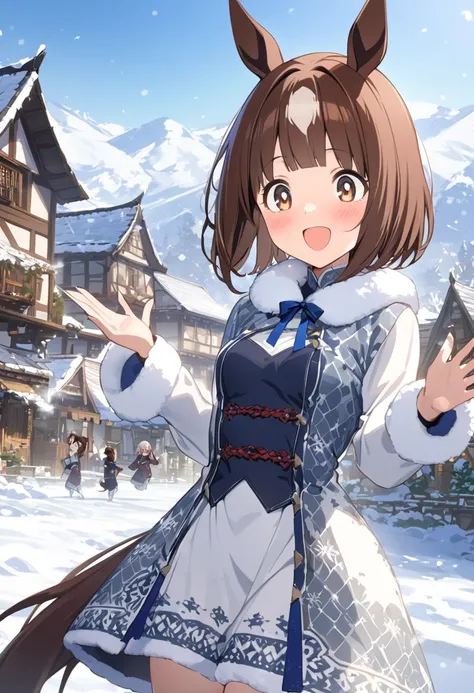  best quality、One girl、Round face shape、細身の体、 small breasts、 horse ears and tail 、 short bob、Shiny reddish brown hair、Brown eyes、white and blue snow pattern costume、 Surprised Face 、Open both hands and raise、Village with a snowy landscape 
