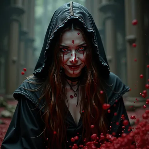  Very pale vampire woman ,  of long wet brown hair , stained with blood, of eyes, iris, red pupils,  with a strange and macabre smile ,  wearing black wizard clothes with a hood , WITH MUCH BLOOD,  covered in blood by the clothing hood and face, using bloo...