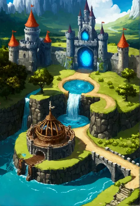 a screenshot of a castle with a waterfall and a river, medieval fantasy city, mobile game background, city background, fantasy world concept, game map, fantasy city, rpg background, shadowverse style, light kingdom backdrop, downtown background, elf city, ...