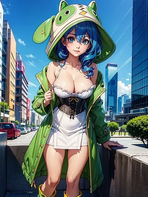 (masterpiece, best quality:1.2),illustration,8k,hd,(looking at viewer:1.2),(collarbone,corset:1.3),evil smile,
Hermit, blue eyes, blue hair, long hair, hood, white dress, animal hood, green jacket, animal ears, green coat, hair between eyes, open clothes, ...