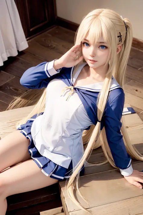  portrait、 school uniform sitting on a pedestal、Bright expression、poneyTail、like々Shiny white radiant skin 、Great looks、Blonde hair reflects the light、 Platinum blonde hair、 shiny bright hair ,、 super long, silky straight hair 、Shiny, beautiful bangs、 brigh...